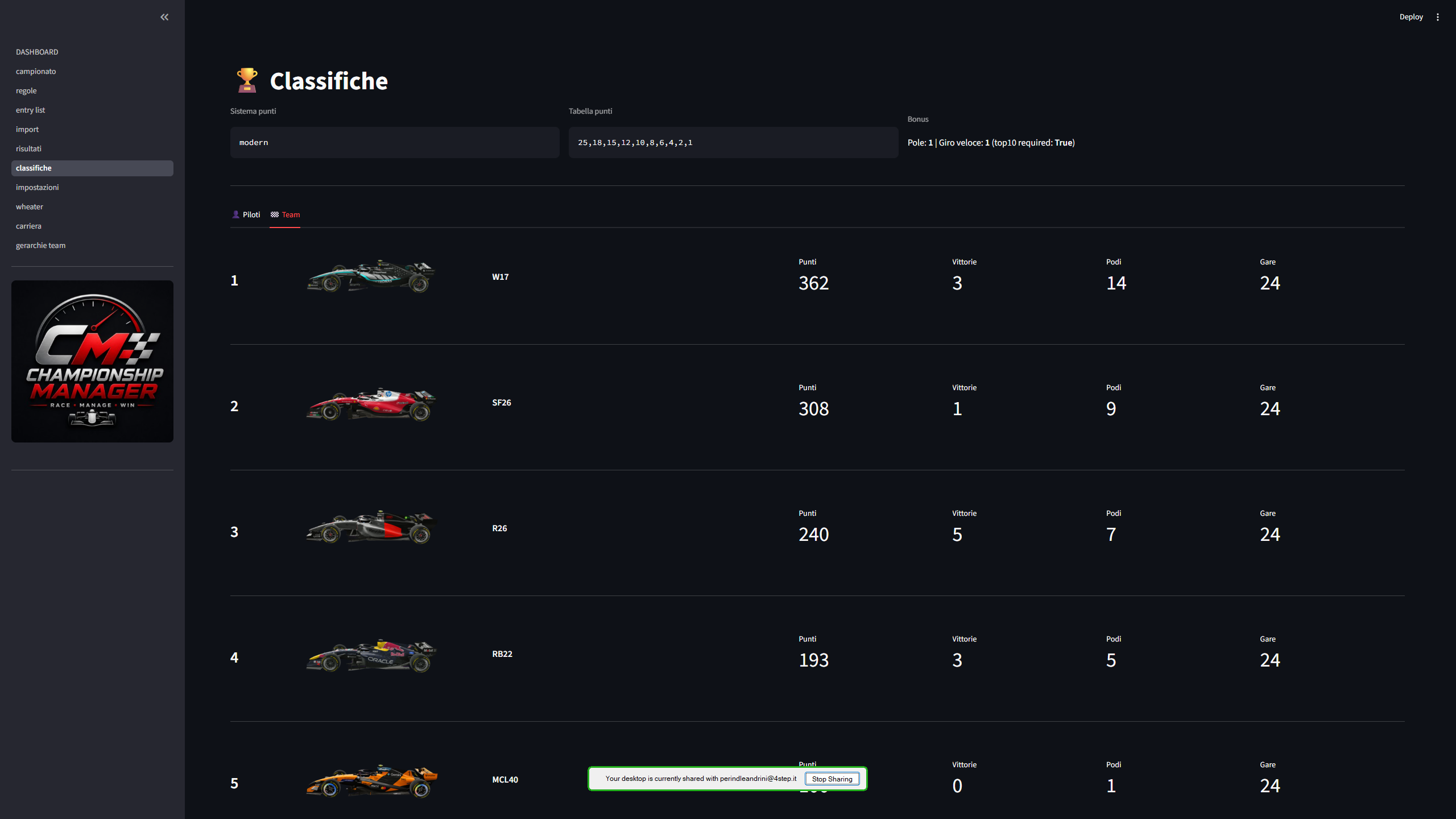 Classifica team nella versione Streamlit