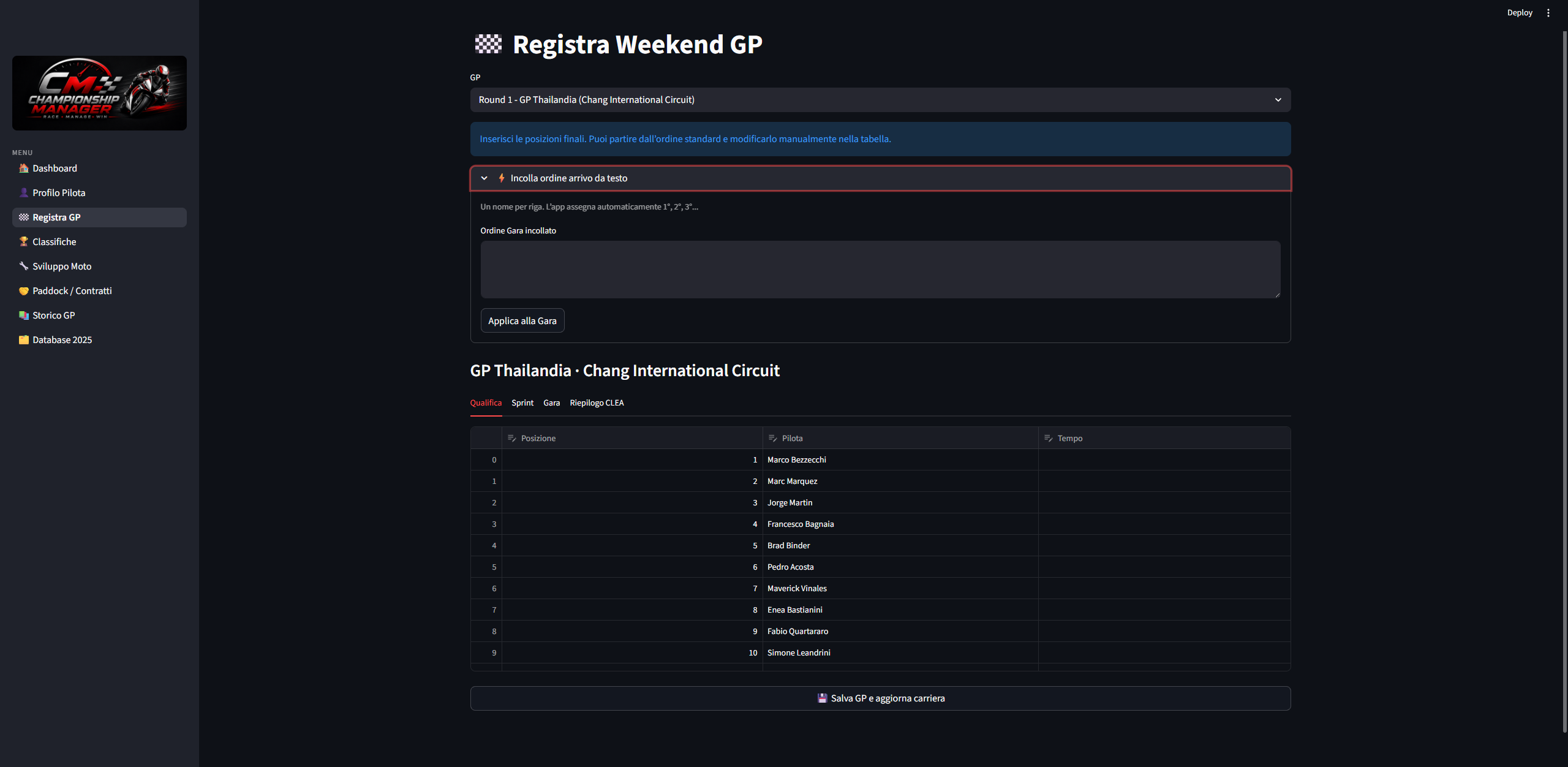 Registra il weekend in MotoGP Championship Manager