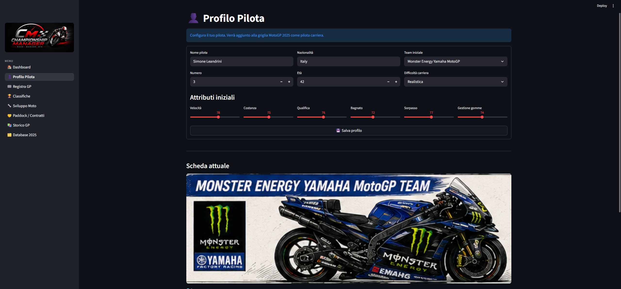 Profilo pilota in MotoGP Championship Manager